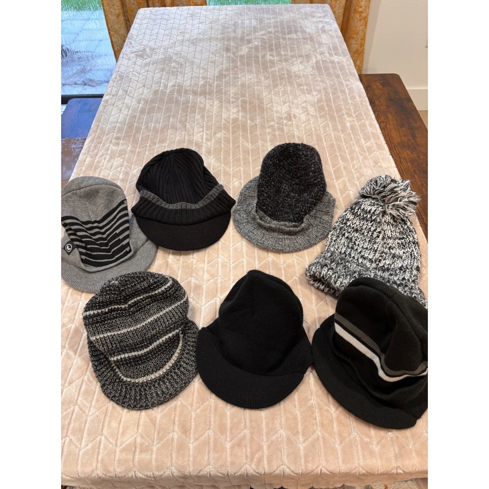 Black Gray Ribbed Knit Visor Beanie Skully Cap Skater Hat Lot 7 Pack Unisex